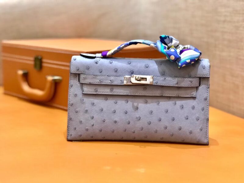 爱马仕 MiniKelly 迷你凯莉 亚麻蓝 鸵鸟皮 1代 金扣 22cm