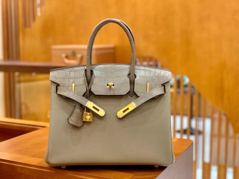 爱马仕 Birkin 铂金包 斑鸠灰 鳄鱼皮拼德国togo牛皮 全手工缝制 金扣 30cm