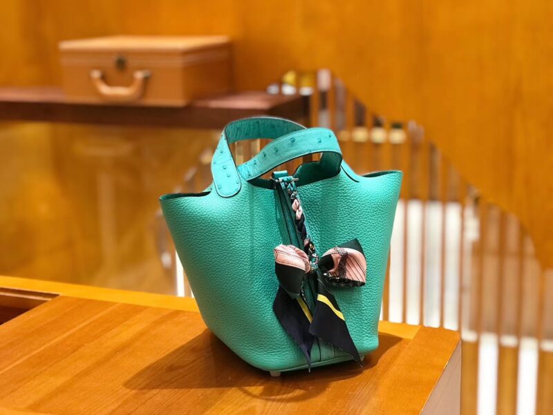 爱马仕 菜篮子 18cm 维罗纳绿 鸵鸟皮拼togo牛皮 全手工缝制 现货 - Image 2
