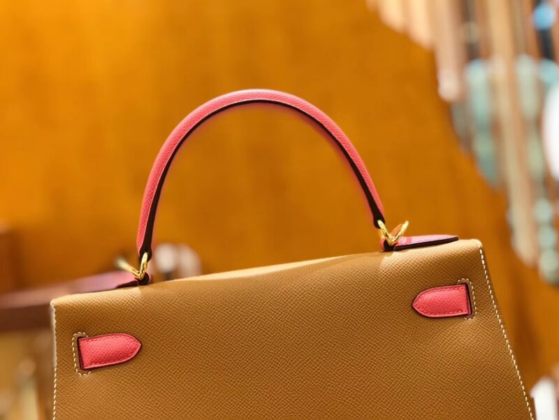 爱马仕 Kelly 28cm 金棕拼唇膏粉 Epsom 掌纹小牛皮 金扣 原版蜜蜡线 顶级手缝 - Image 6