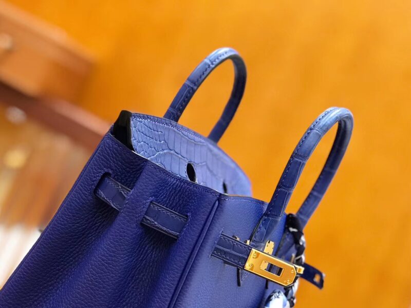 爱马仕 Birkin 25cm 琉璃蓝 金扣 尼罗鳄鱼皮拼Togo牛皮 原版蜜蜡线 现货 - Image 5