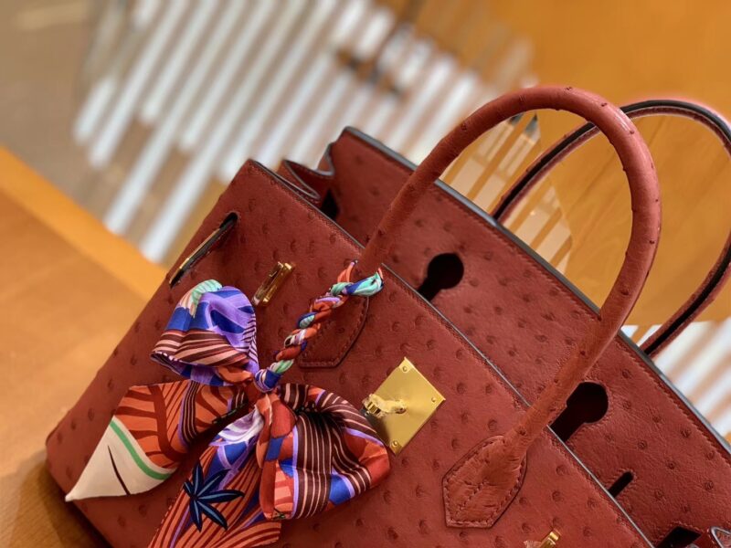 爱马仕 Birkin 30 鸵鸟皮 枣红色 金扣 全手工缝制 - Image 5