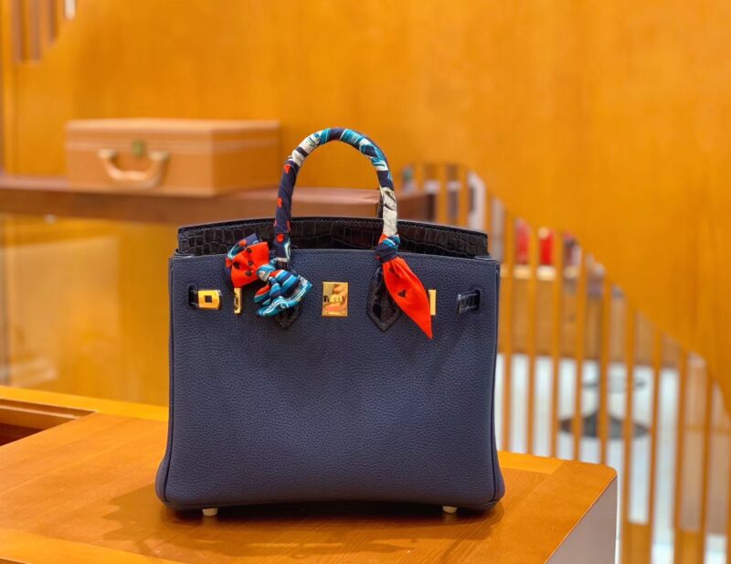 爱马仕 Birkin 铂金包 午夜蓝 鳄鱼皮拼牛皮 金扣 25cm
