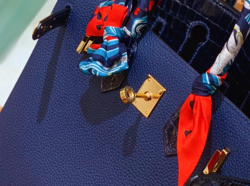 爱马仕 Birkin 铂金包 午夜蓝 鳄鱼皮拼牛皮 金扣 25cm - Image 4