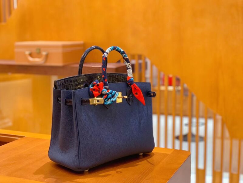 爱马仕 Birkin 铂金包 午夜蓝 鳄鱼皮拼牛皮 金扣 25cm - Image 6