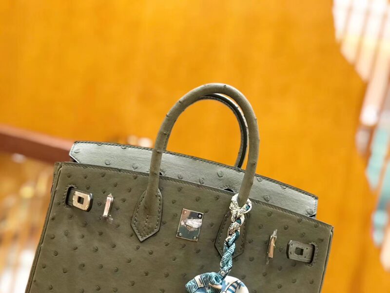 爱马仕 Birkin 25cm 豆沙绿 南非KK鸵鸟皮 银扣 原版蜜蜡线 顶级手缝 - Image 4