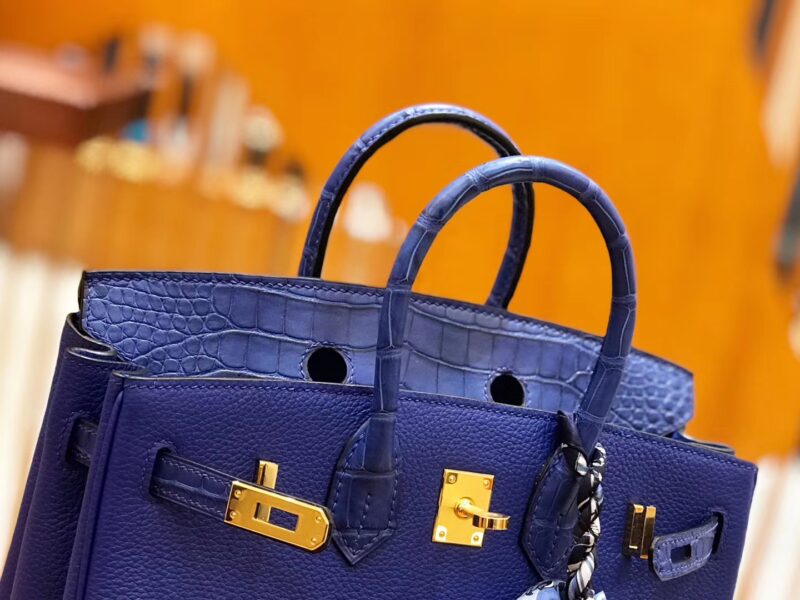 爱马仕 Birkin 25cm 琉璃蓝 金扣 尼罗鳄鱼皮拼Togo牛皮 原版蜜蜡线 现货 - Image 6