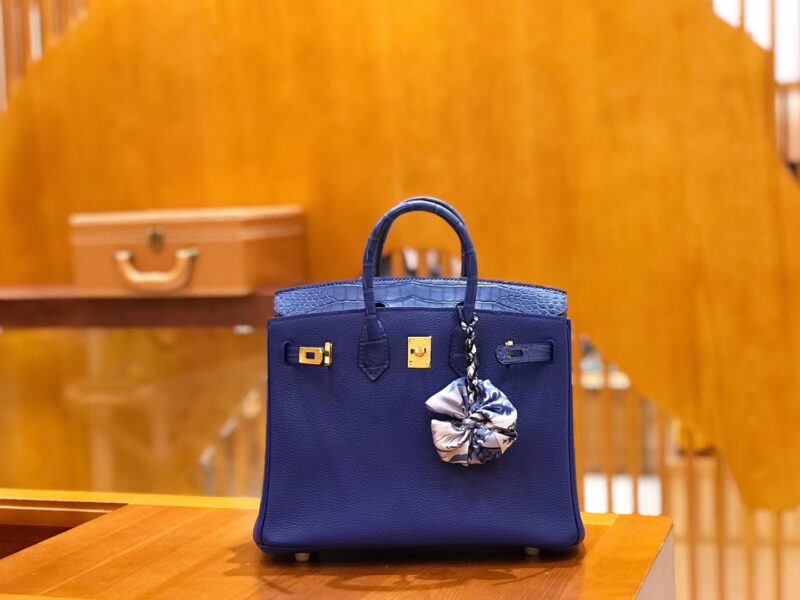 爱马仕 Birkin 25cm 琉璃蓝 金扣 尼罗鳄鱼皮拼Togo牛皮 原版蜜蜡线 现货