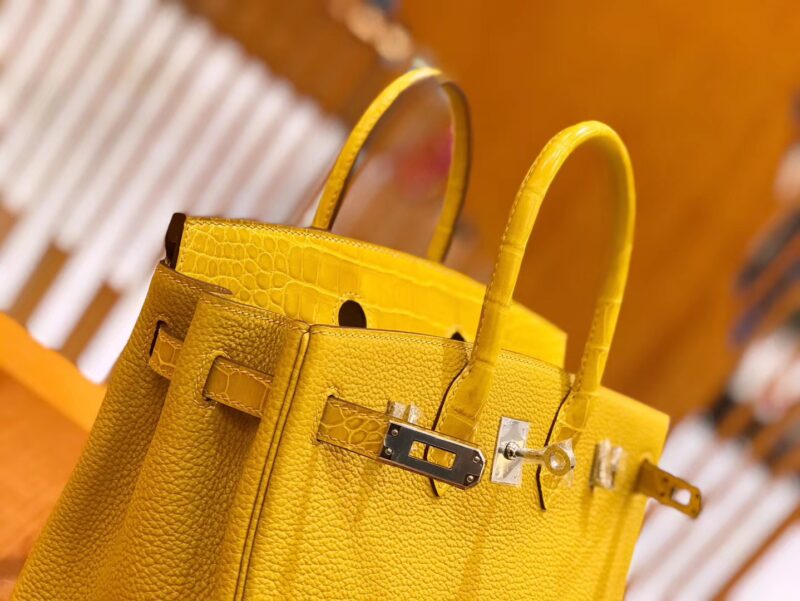 爱马仕 Birkin 25cm 琥珀黄 银扣 尼罗鳄鱼皮拼Togo牛皮 原版蜜蜡线 现货 - Image 5