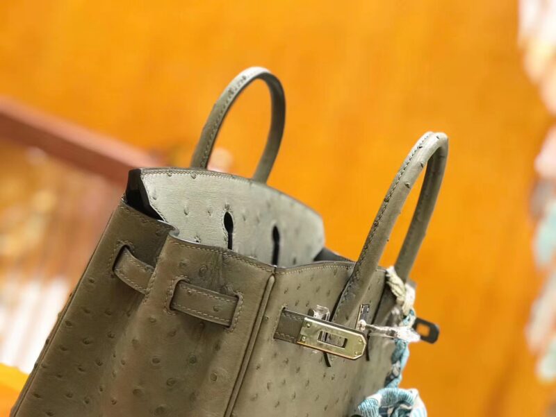 爱马仕 Birkin 25cm 豆沙绿 南非KK鸵鸟皮 银扣 原版蜜蜡线 顶级手缝 - Image 5