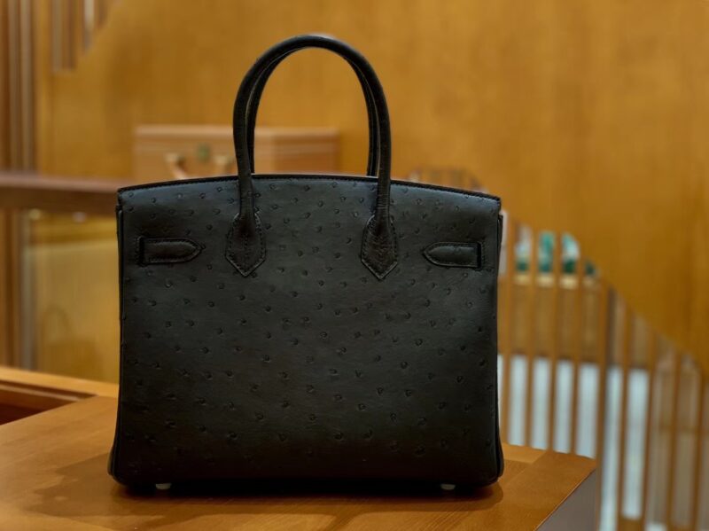 爱马仕 Birkin 铂金包 黑色 鸵鸟皮 手缝工艺 银扣 30cm 现货 - Image 3