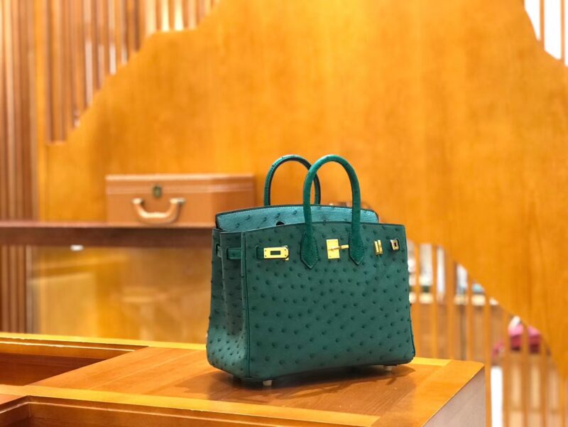 爱马仕 Birkin 25cm 缇香绿拼墨绿 鸵鸟皮 全手工缝制 - Image 2