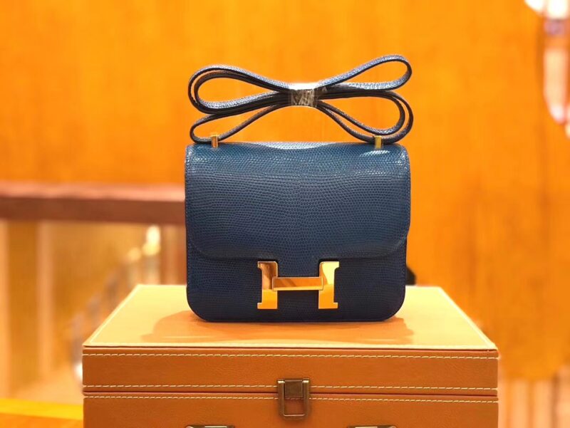爱马仕 Constance 18cm 坦桑尼亚蓝 仿蜥蜴皮 金扣 原版蜜蜡线 顶级手缝
