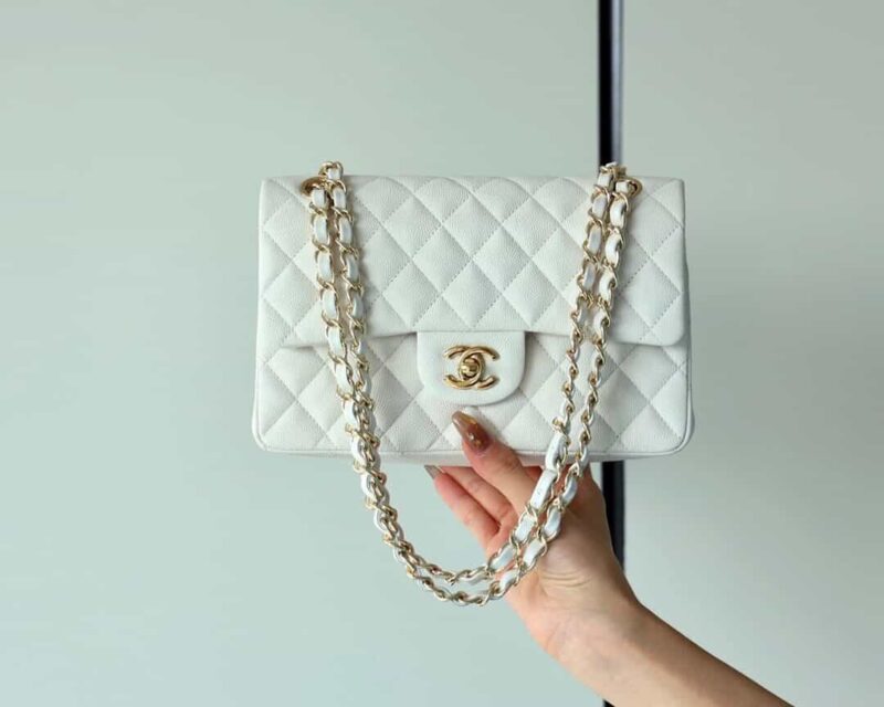 Chanel CF23 Classic flap bag A01113白色球纹牛皮金扣