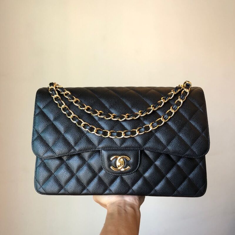 CHANEL Haas原厂胎牛粗鱼子酱Classic flap bag CF30 A58600黑色金扣