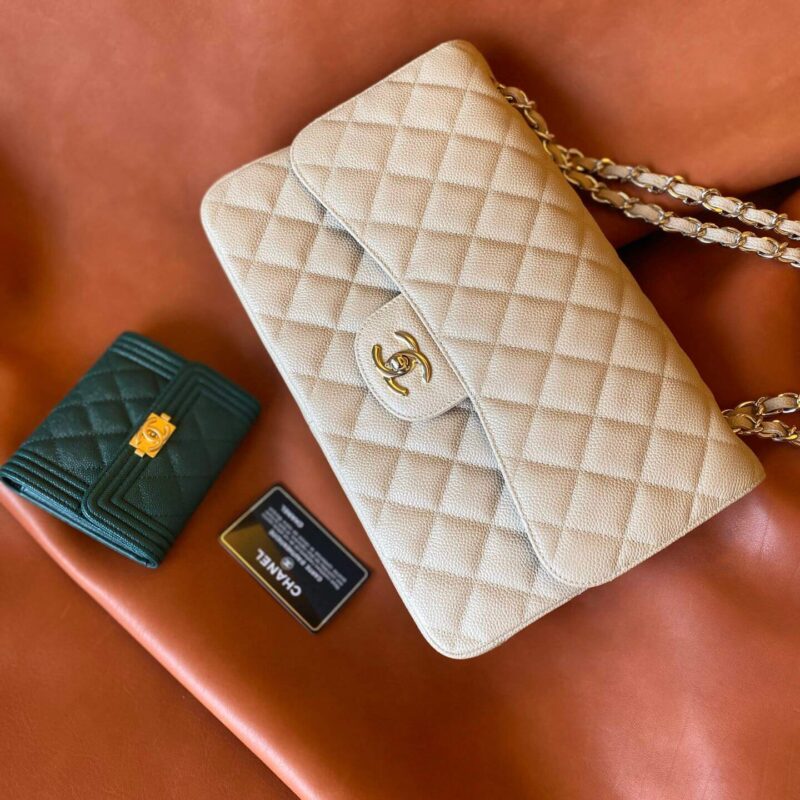 CHANEL Haas原厂胎牛粗鱼子酱Classic flap bag CF30 A58600米杏色香槟金扣