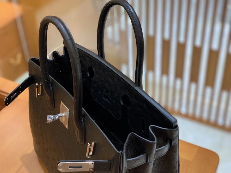 爱马仕 Birkin 铂金包 黑色 鸵鸟皮 手缝工艺 银扣 30cm 现货 - Image 2