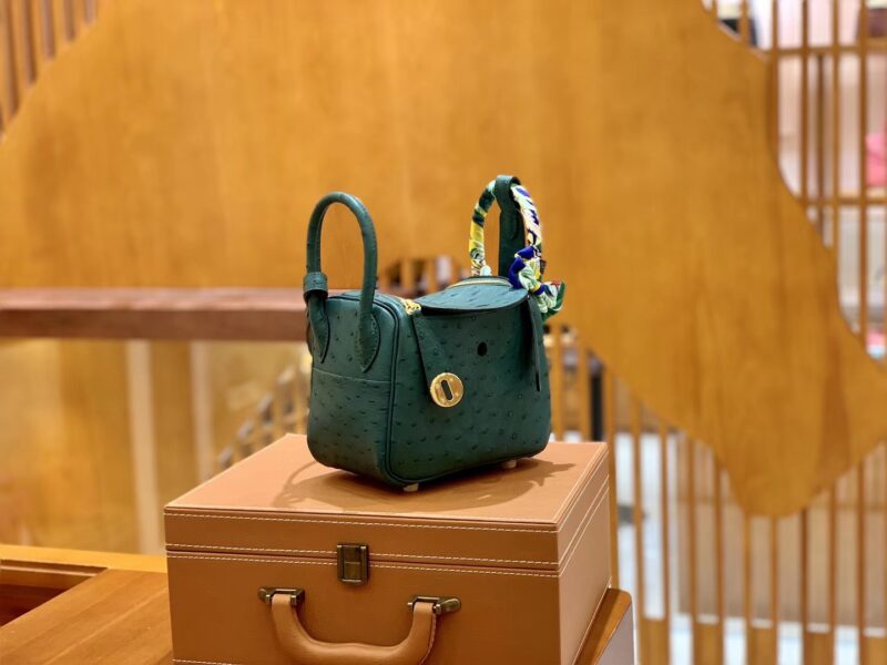 爱马仕 Mini Lindy 18cm 孔雀绿 金扣 南非鸵鸟皮 全手工缝制 - Image 6