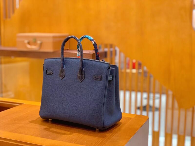 爱马仕 Birkin 铂金包 午夜蓝 鳄鱼皮拼牛皮 金扣 25cm - Image 5