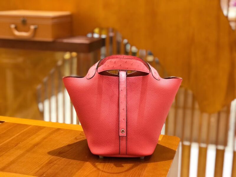 爱马仕 Picotin 18cm 唇膏粉 鸵鸟皮拼Togo皮 银扣 原版蜜蜡线 顶级手工缝制