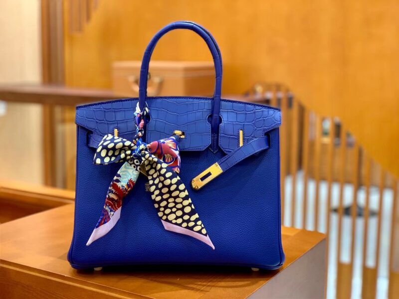 爱马仕 Birkin Touch 铂金包 琉璃蓝 鳄鱼皮拼德国togo牛皮 全手工缝制 金扣 30cm