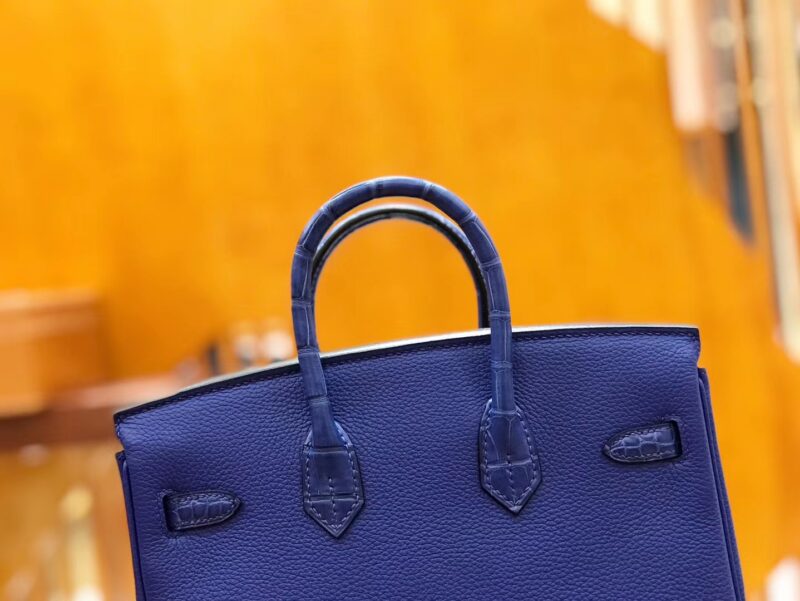 爱马仕 Birkin 25cm 琉璃蓝 金扣 尼罗鳄鱼皮拼Togo牛皮 原版蜜蜡线 现货 - Image 4