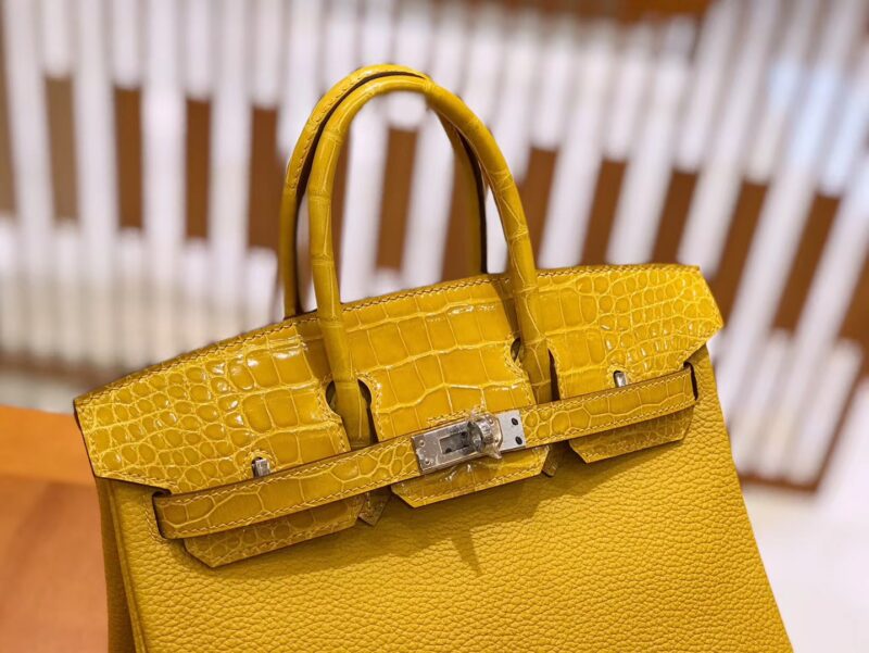 爱马仕 Birkin 25cm 琥珀黄 银扣 尼罗鳄鱼皮拼Togo牛皮 原版蜜蜡线 现货 - Image 4