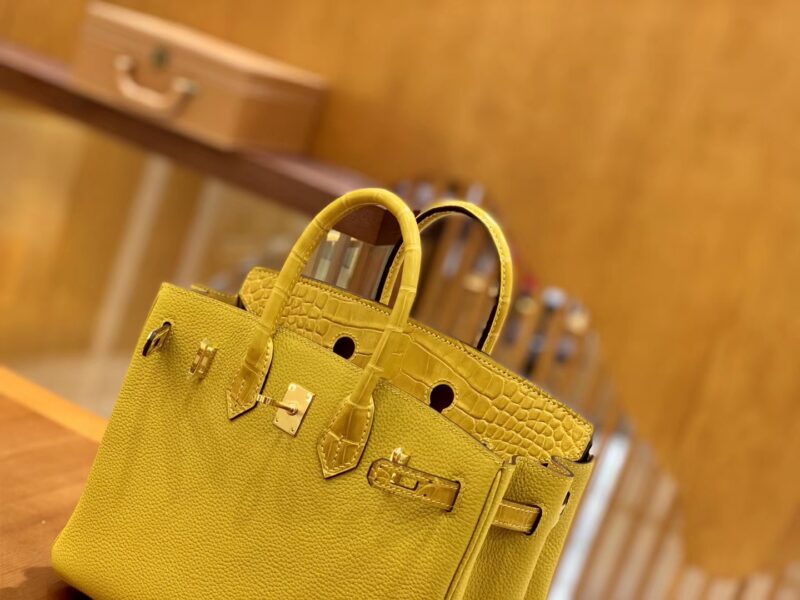 爱马仕 Birkin Touch 铂金包 琥珀黄 牛皮拼鳄鱼皮 金扣 25cm