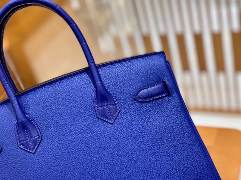 爱马仕 Birkin Touch 铂金包 琉璃蓝 鳄鱼皮拼德国togo牛皮 全手工缝制 金扣 30cm - Image 4