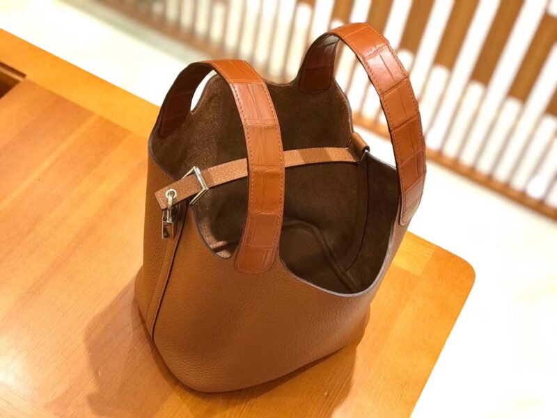 爱马仕 Picotin 18cm 金棕色 Togo牛皮拼鳄鱼皮 银扣 全手工缝制 现货供应 - Image 5
