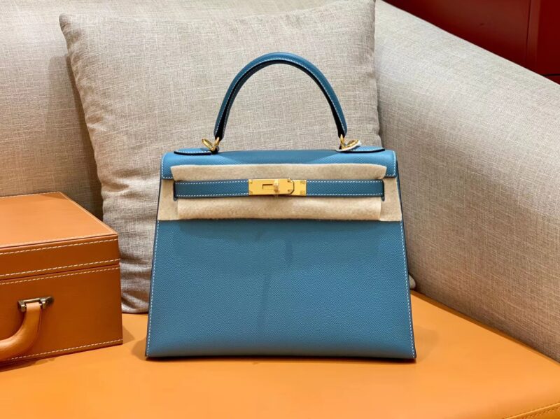 爱马仕 Kelly 凯莉包 德国掌纹牛皮 牛仔蓝 鳄鱼皮工序高订版本 28cm