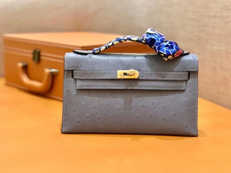 爱马仕 MiniKelly 迷你凯莉 冰川蓝 冰川灰 鸵鸟皮 1代 金扣 22cm