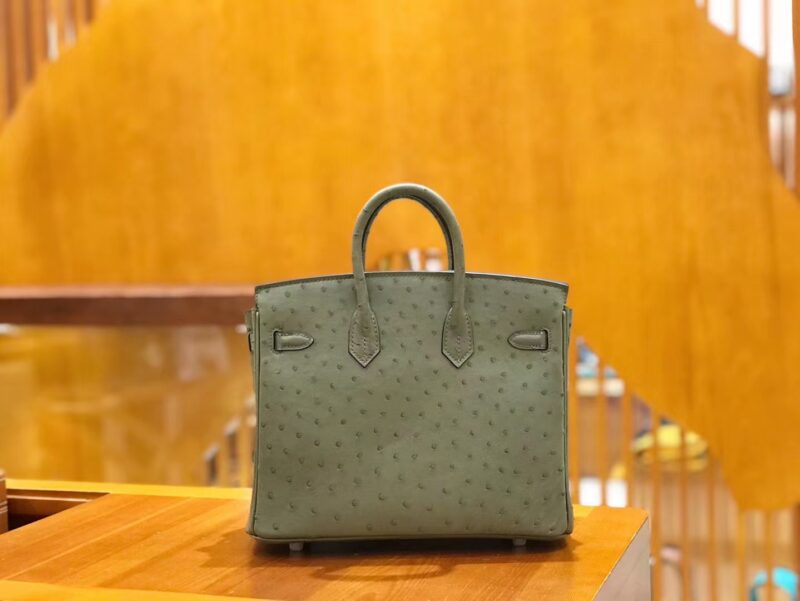 爱马仕 Birkin 25cm 豆沙绿 南非KK鸵鸟皮 银扣 原版蜜蜡线 顶级手缝 - Image 3