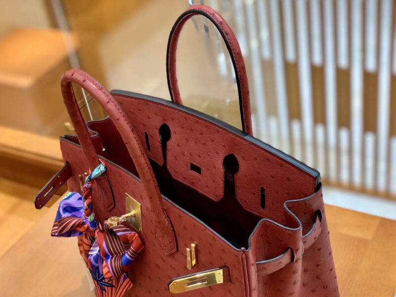 爱马仕 Birkin 30 鸵鸟皮 枣红色 金扣 全手工缝制 - Image 4