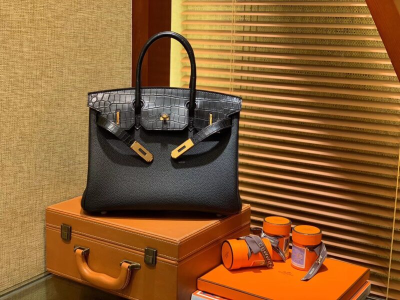 爱马仕 Birkin 铂金包 经典黑 鳄鱼皮拼德国togo牛皮 全手工缝制 金扣 30cm