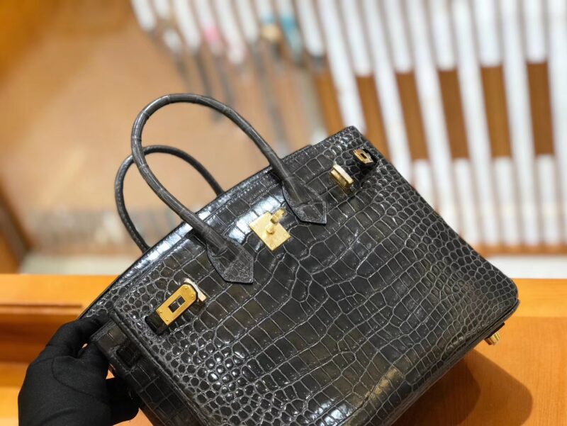 爱马仕 Birkin 铂金包 石墨灰 进口一级湾鳄鳄鱼皮 蜡线 全手工缝制 25cm - Image 4