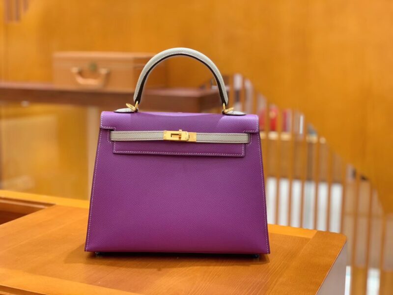 爱马仕 Kelly 凯莉包 拼色系列 紫色拼浅灰色 25cm