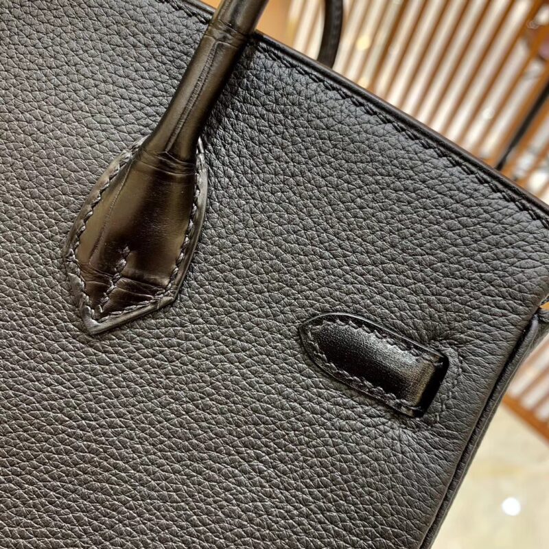 爱马仕 Birkin Touch 铂金包 经典黑 拼 祖母绿 牛皮拼鳄鱼皮 金扣 25cm - Image 3