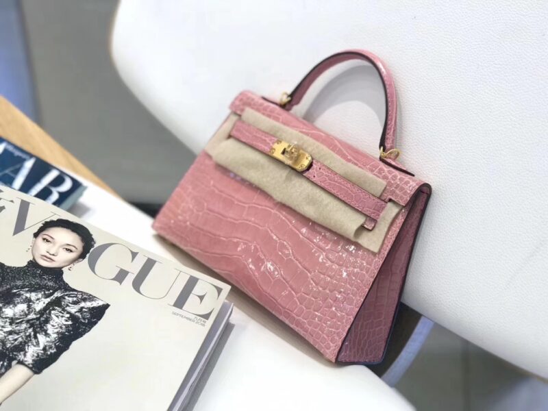 爱马仕 MiniKelly迷你凯莉 藕粉色 尼罗鳄 美洲鳄 全手工缝制 2代 金扣 19cm - Image 5