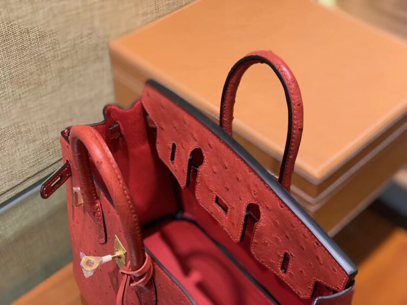 爱马仕 Birkin 25cm 大红色 南非进口鸵鸟皮 顶级手缝工艺 金扣 - Image 2