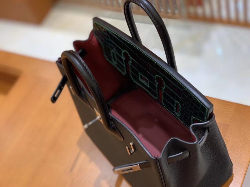 爱马仕 Birkin Touch 铂金包 经典黑 拼 祖母绿 牛皮拼鳄鱼皮 金扣 25cm - Image 6