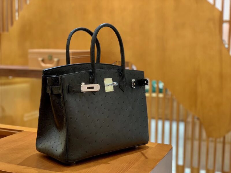 爱马仕 Birkin 30 鸵鸟皮 经典黑 银扣 全手工缝制 - Image 2