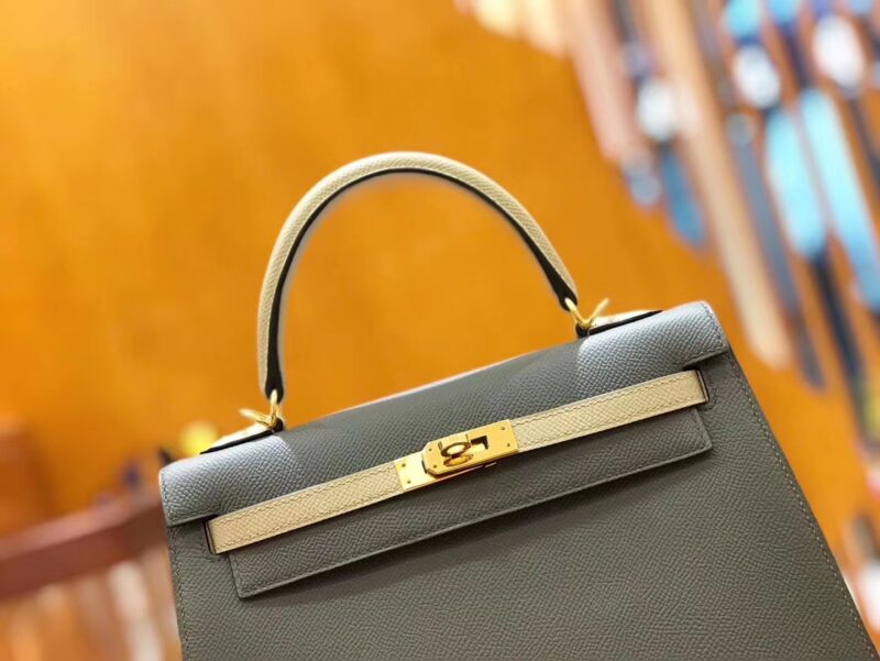 爱马仕 Kelly 25cm 锡器灰拼斑鸠灰 掌纹小牛皮 金扣 原版蜜蜡线 顶级手工缝制 - Image 5