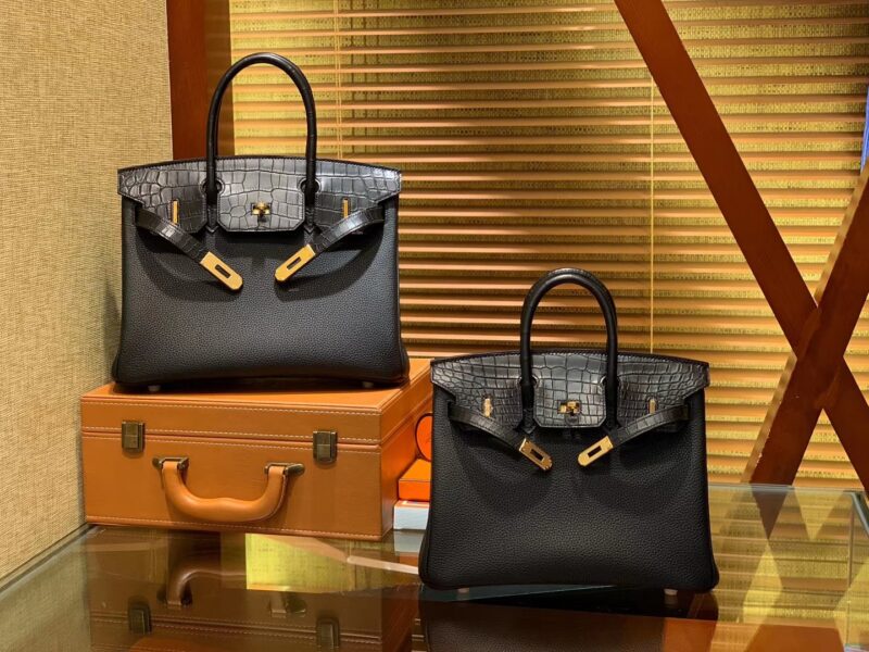 爱马仕 Birkin 铂金包 经典黑 鳄鱼皮拼德国togo牛皮 全手工缝制 金扣 25cm - Image 6