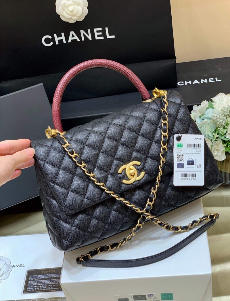CHANEL coco handle 28CM A92993黑色/酒红手柄/金扣