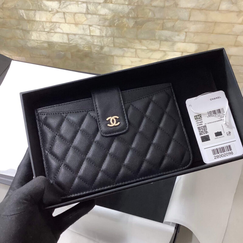 Chanel二件套卡包细球牛皮长款零钱包手机包卡包 A81902黑色/金扣