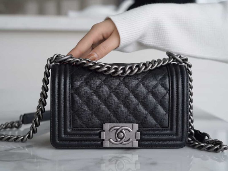 CHANEL LEBOY 20 正品皮小球纹 黑银小号 A67085