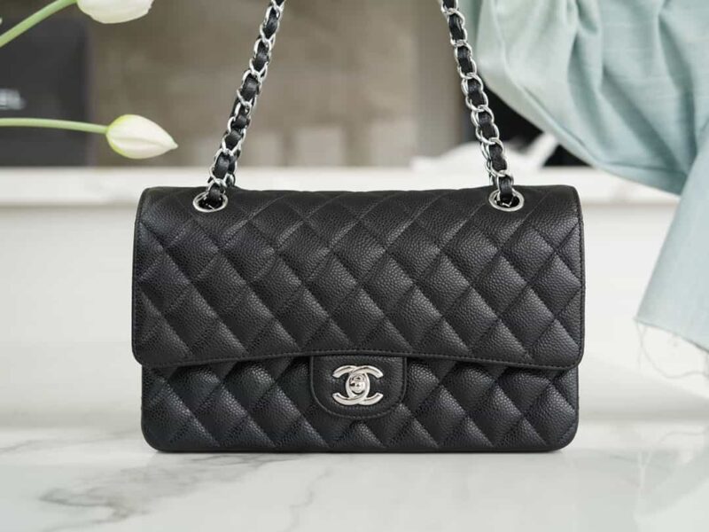 CHANEL CF Classic flap 25CM 原厂荔枝纹牛皮中号黑色银扣 A01112