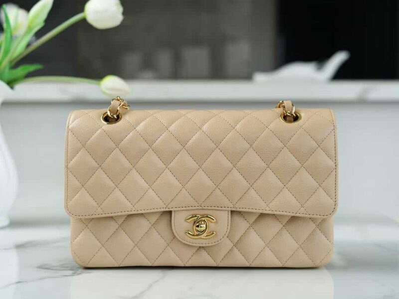 CHANEL CF Classic flap 25CM 正品皮鱼子酱 中号 杏色 A01112