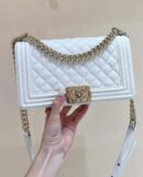 CHANEL haas荔枝牛皮Leboy 25CM A67086白色/香槟色五金